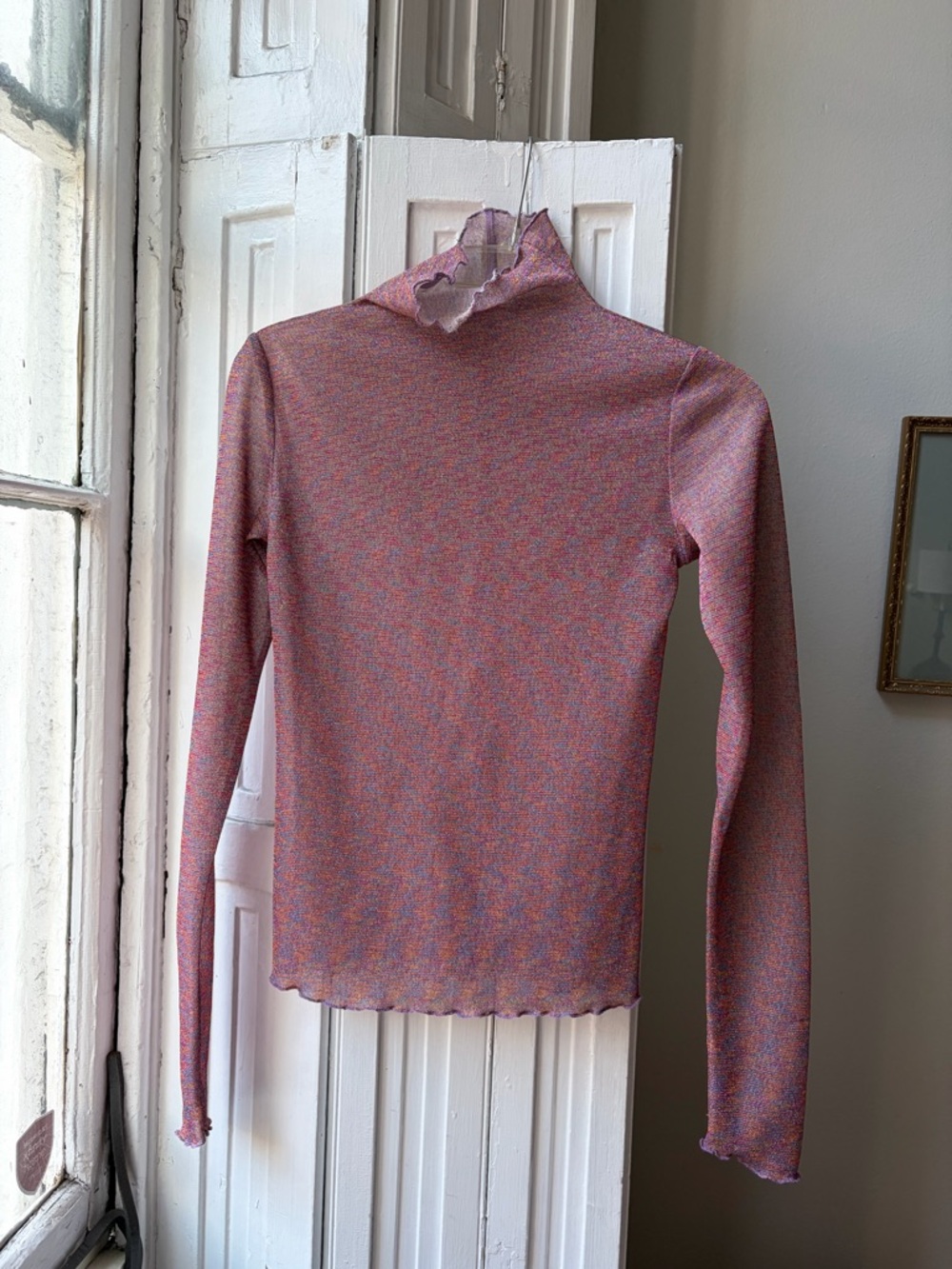 Anthropologie Pink Multicolor Ruffle Neck Long-Sleeve Top